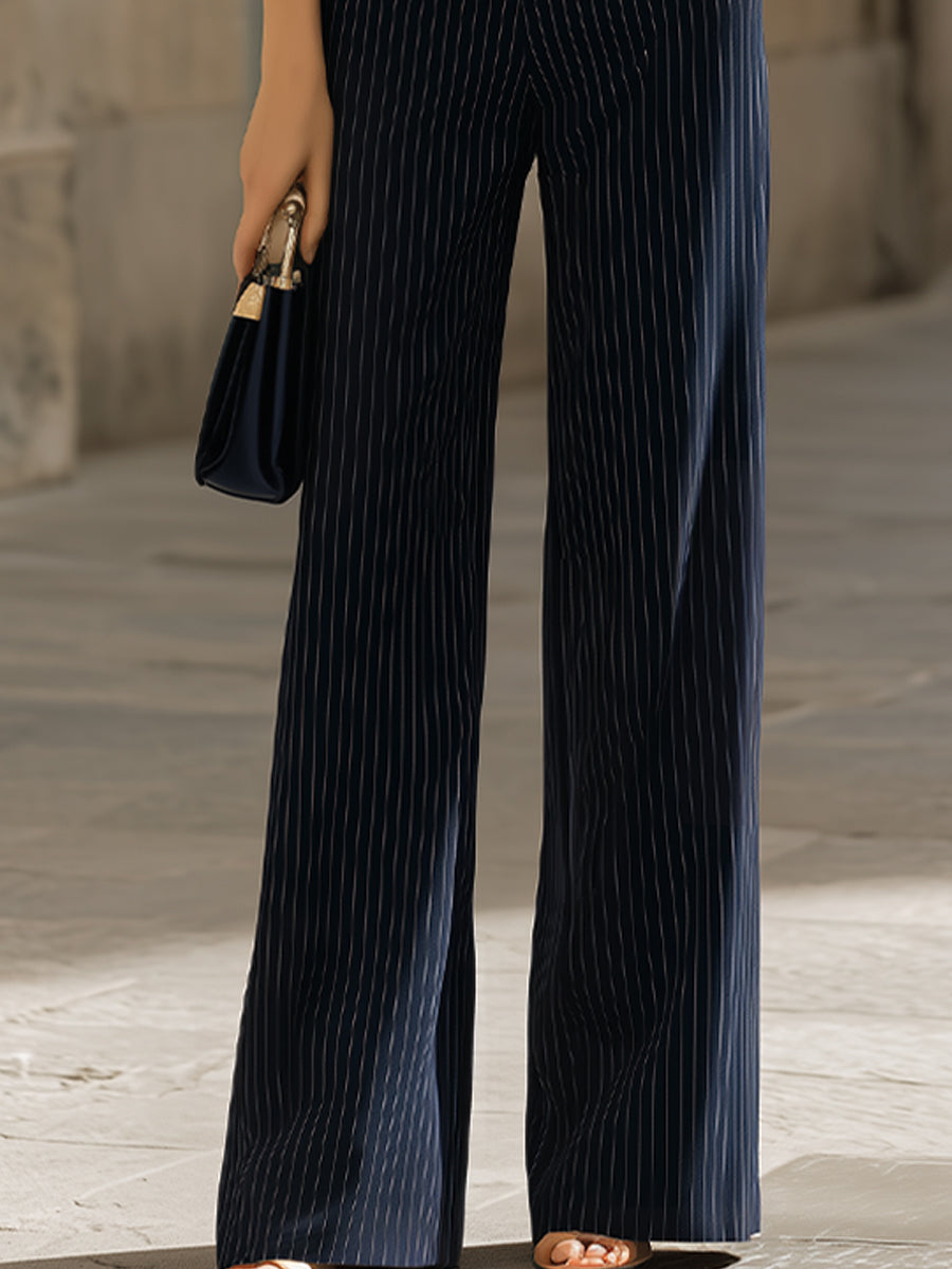Pinstripe Sleeveless Double-Breasted Vest & Wide-Leg Pants Two-Piece Suit