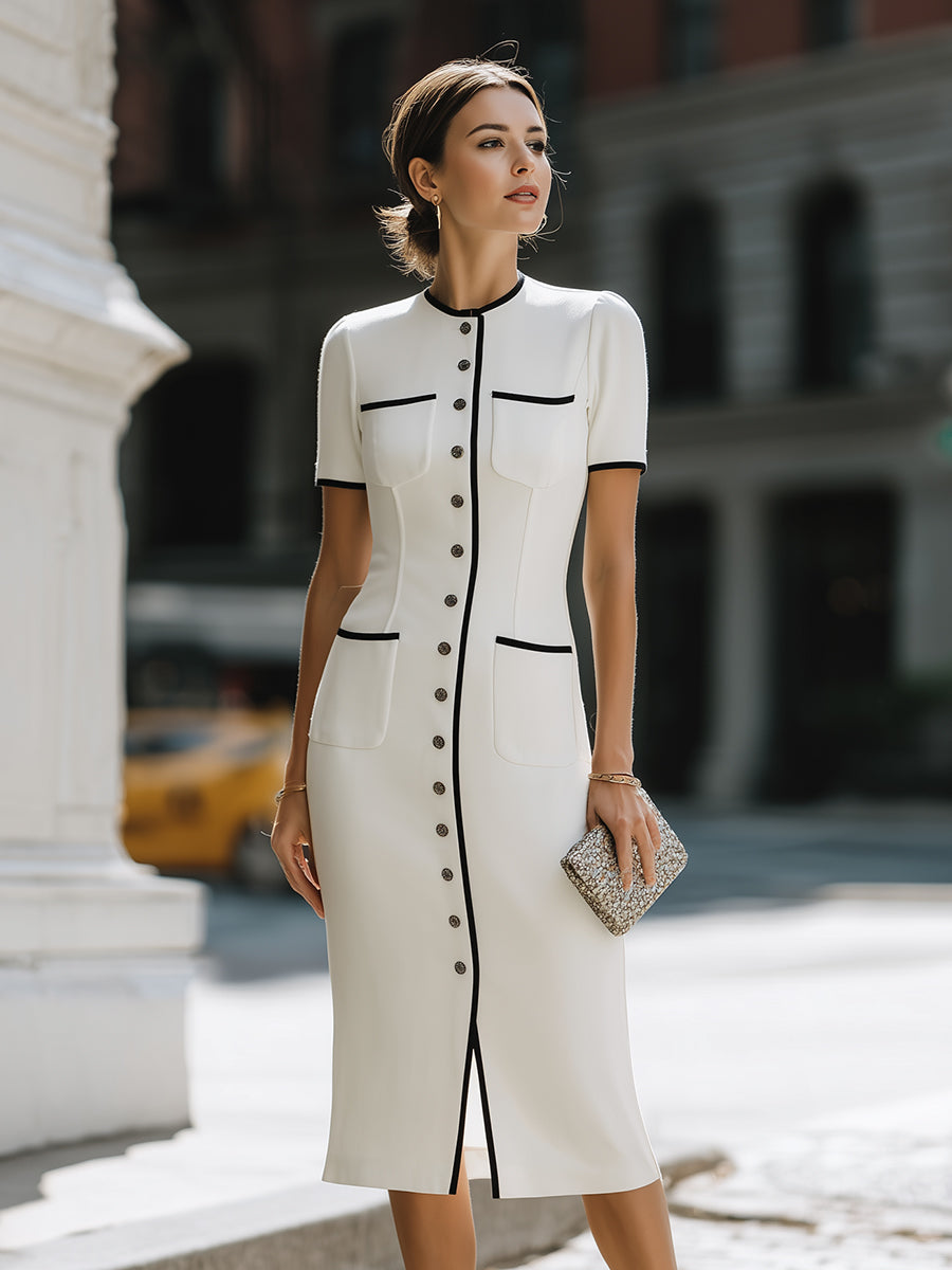 Midi-Kleid mit Kontrastbesatz und Knopfleiste vorne, tailliert