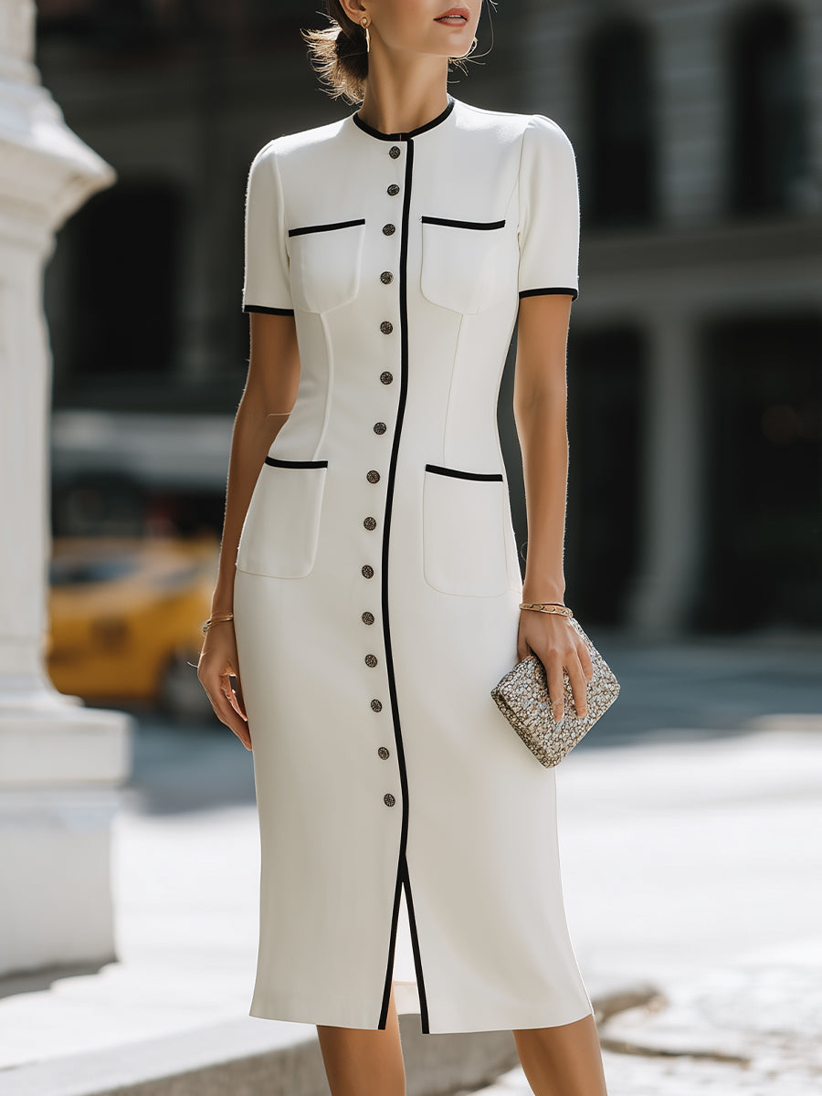 Midi-Kleid mit Kontrastbesatz und Knopfleiste vorne, tailliert