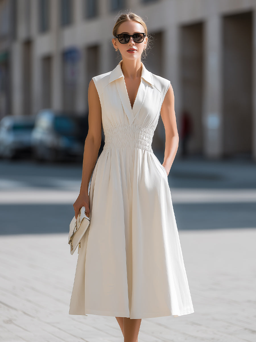 Sleeveless V-Neck Smocked Waist Midi Dress