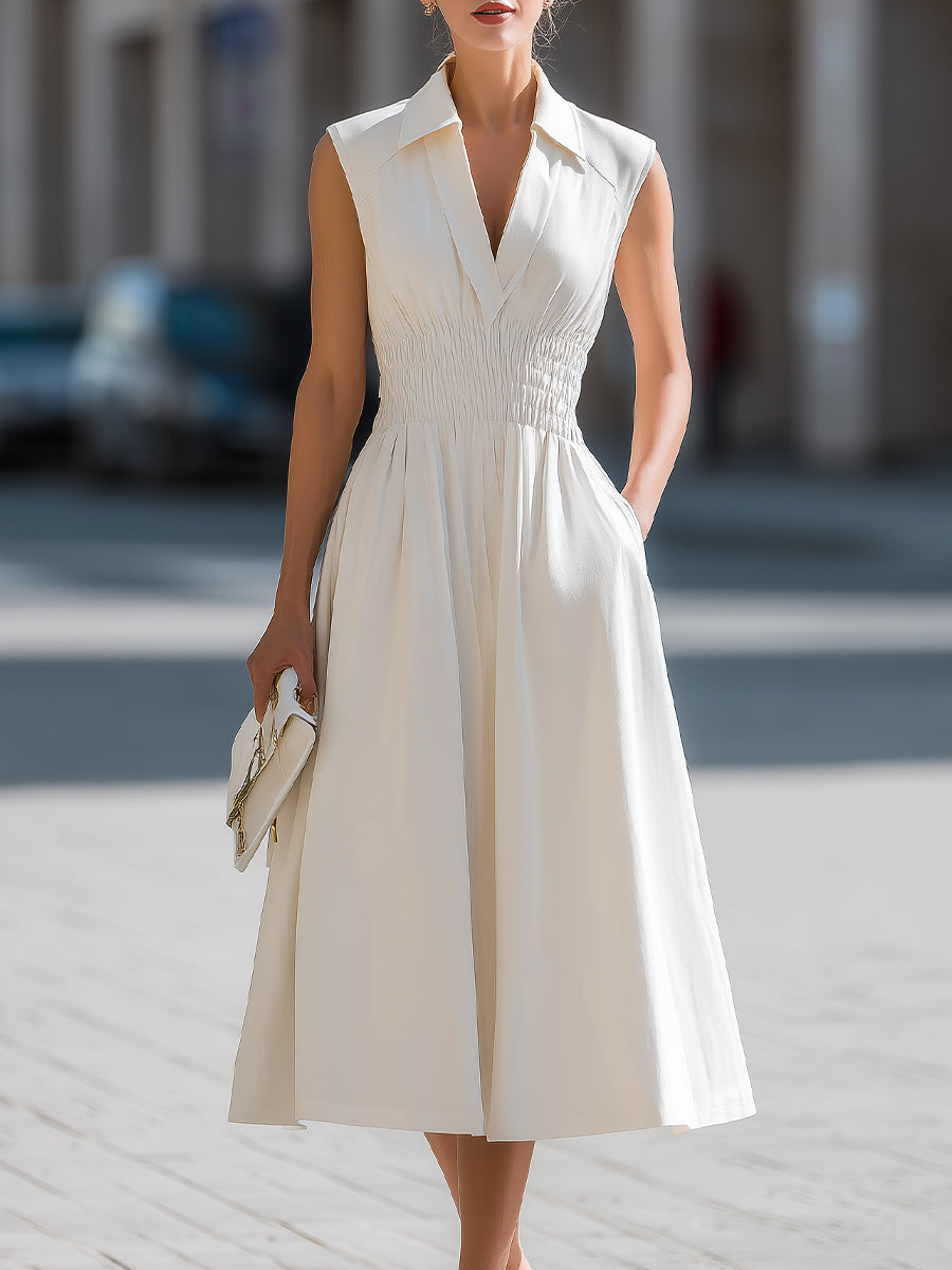 Sleeveless V-Neck Smocked Waist Midi Dress