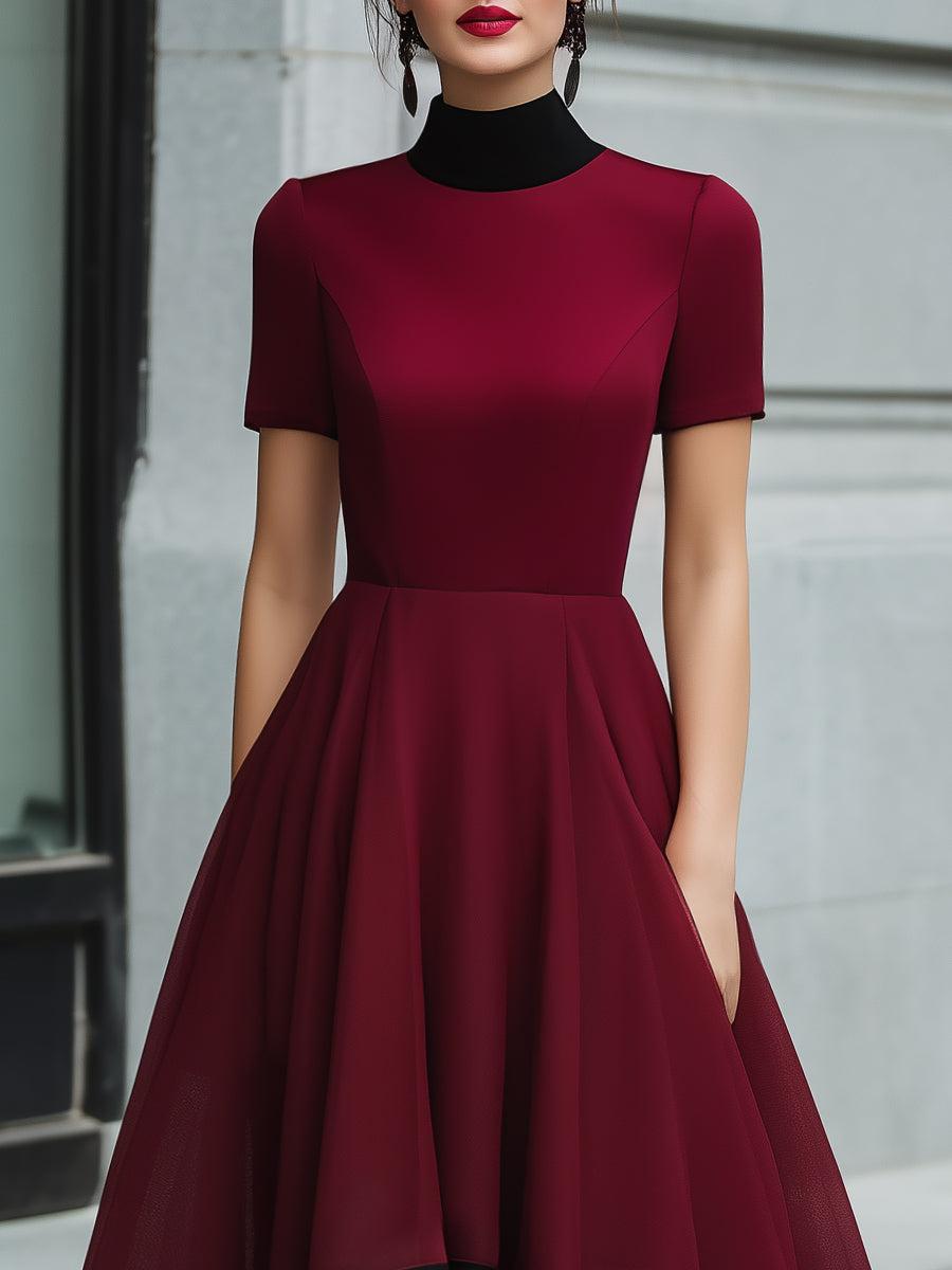 Kontrast-Hem High-Neck Fit-and-Flare Midikleid