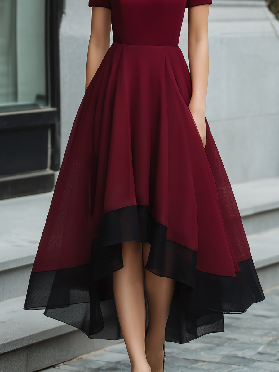 Kontrast-Hem High-Neck Fit-and-Flare Midikleid
