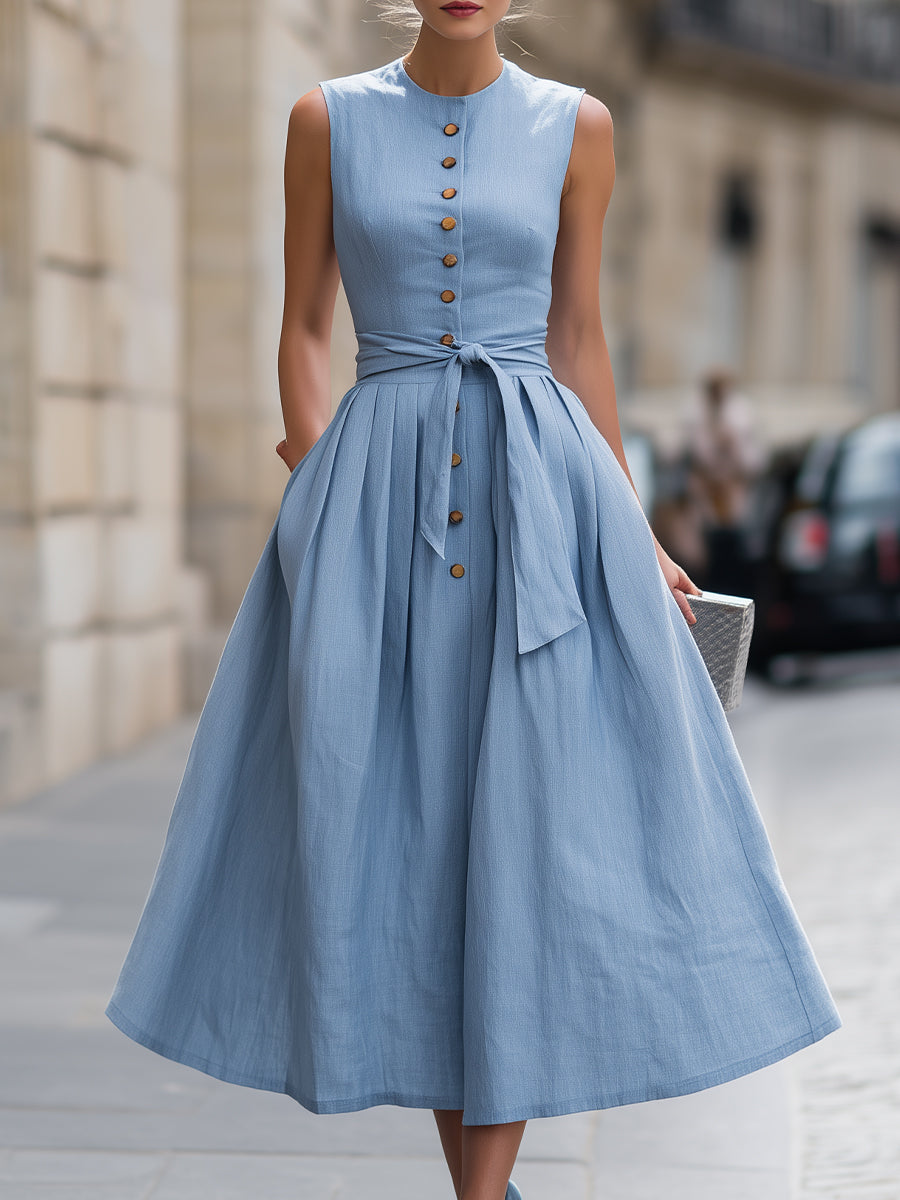 Sleeveless button-front midi dress with tie waist