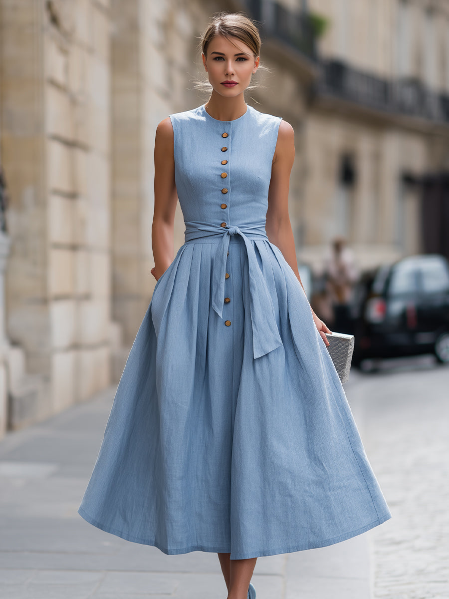 Sleeveless button-front midi dress with tie waist