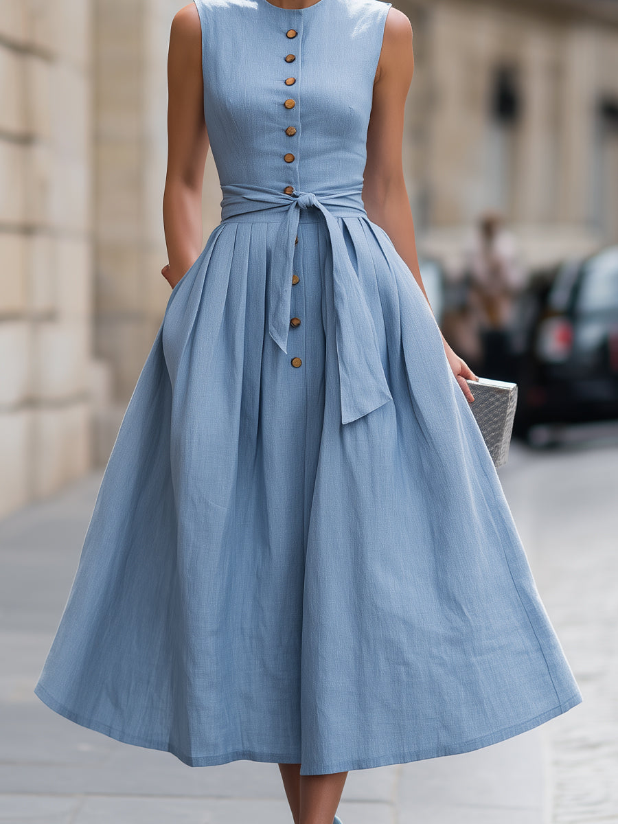 Sleeveless button-front midi dress with tie waist