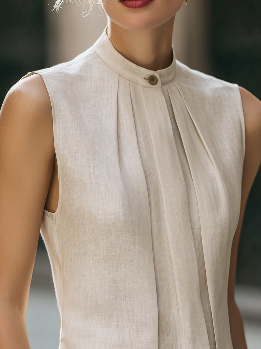 Dalviora™ | Blouse Sans Manches Col Droit Plis Frontaux – Coupe Relaxed Femme