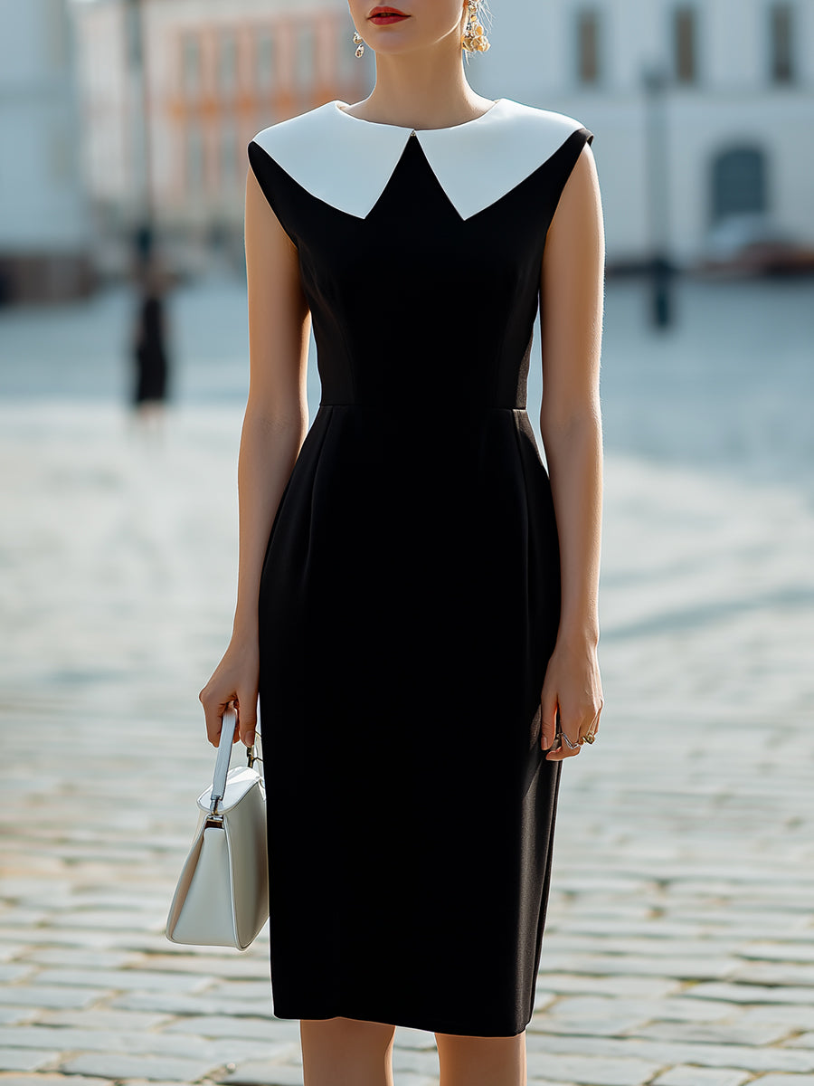 Contrast Statement Collar Sleeveless Structured Midi Dress