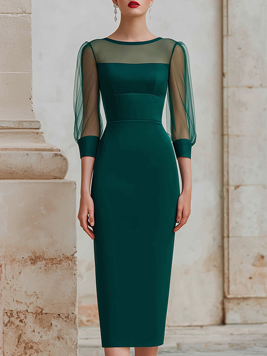 Sheer Mesh Sleeve Structured Midi Dress
