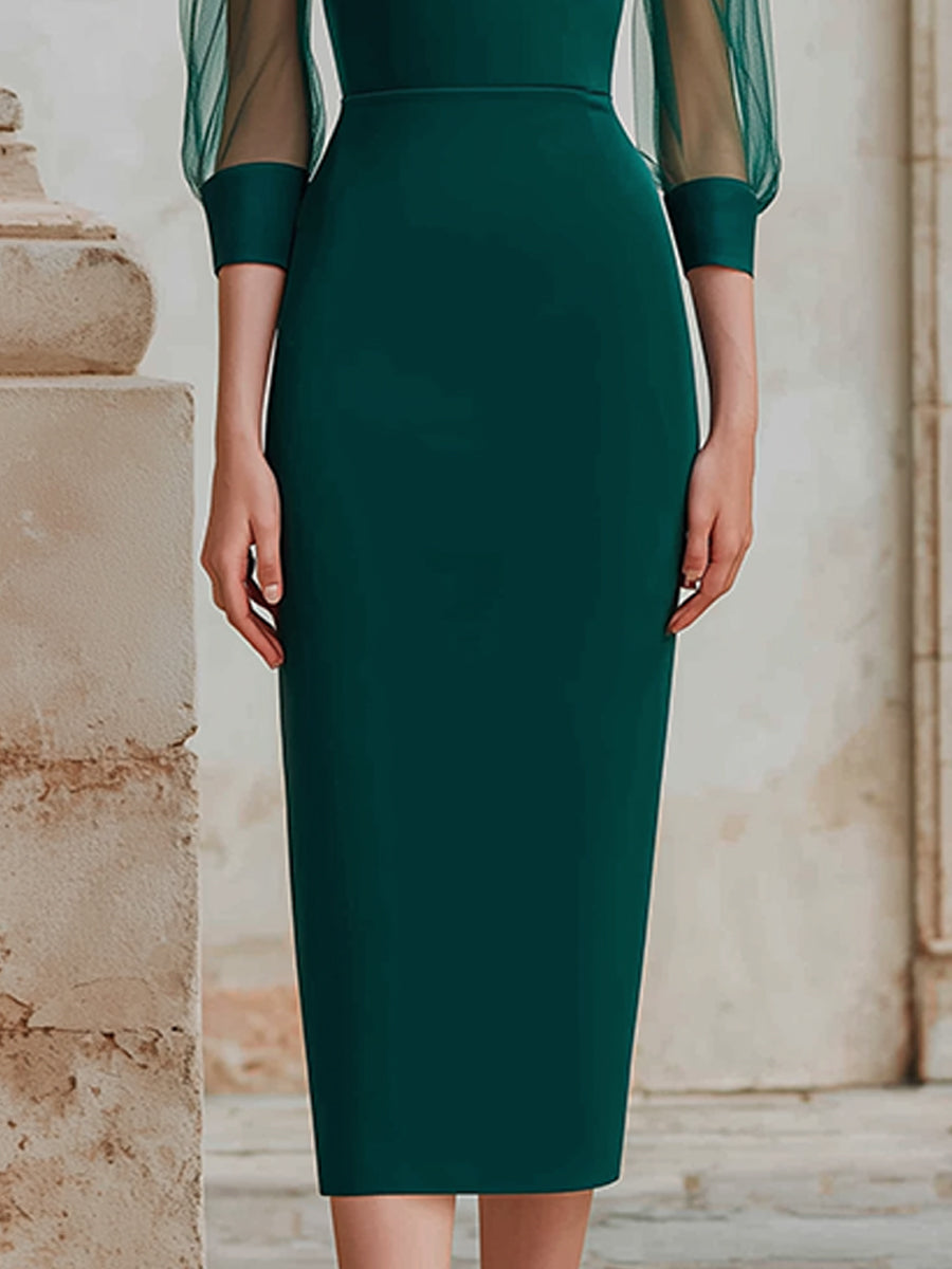 Sheer Mesh Sleeve Structured Midi Dress