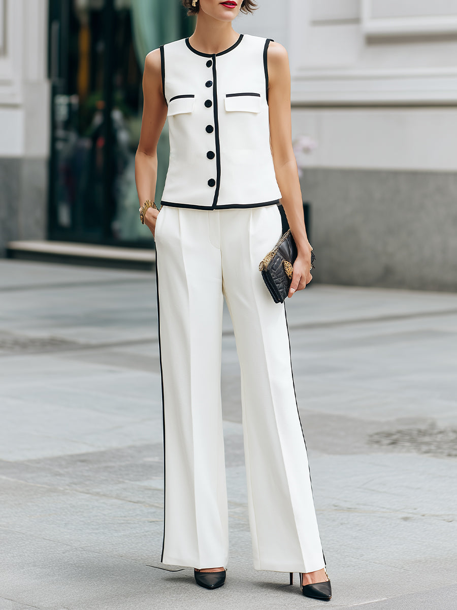 Contrast Trim Button-Front Sleeveless Top and Wide-Leg Pants Set