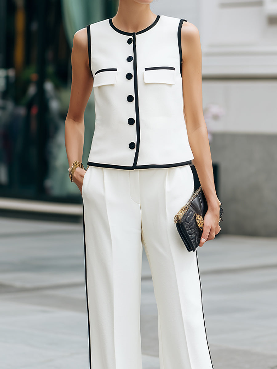 Contrast Trim Button-Front Sleeveless Top and Wide-Leg Pants Set