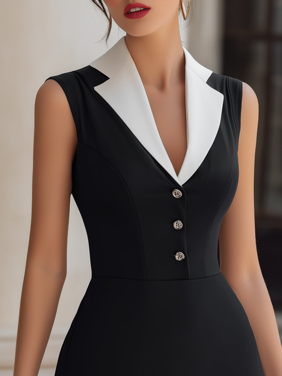 Contrast Lapel Button-Front Dress with Ruffled Hem
