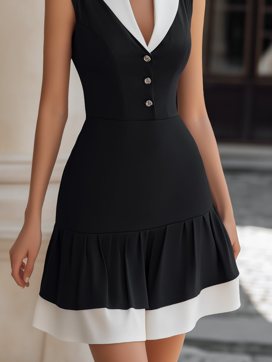 Contrast Lapel Button-Front Dress with Ruffled Hem