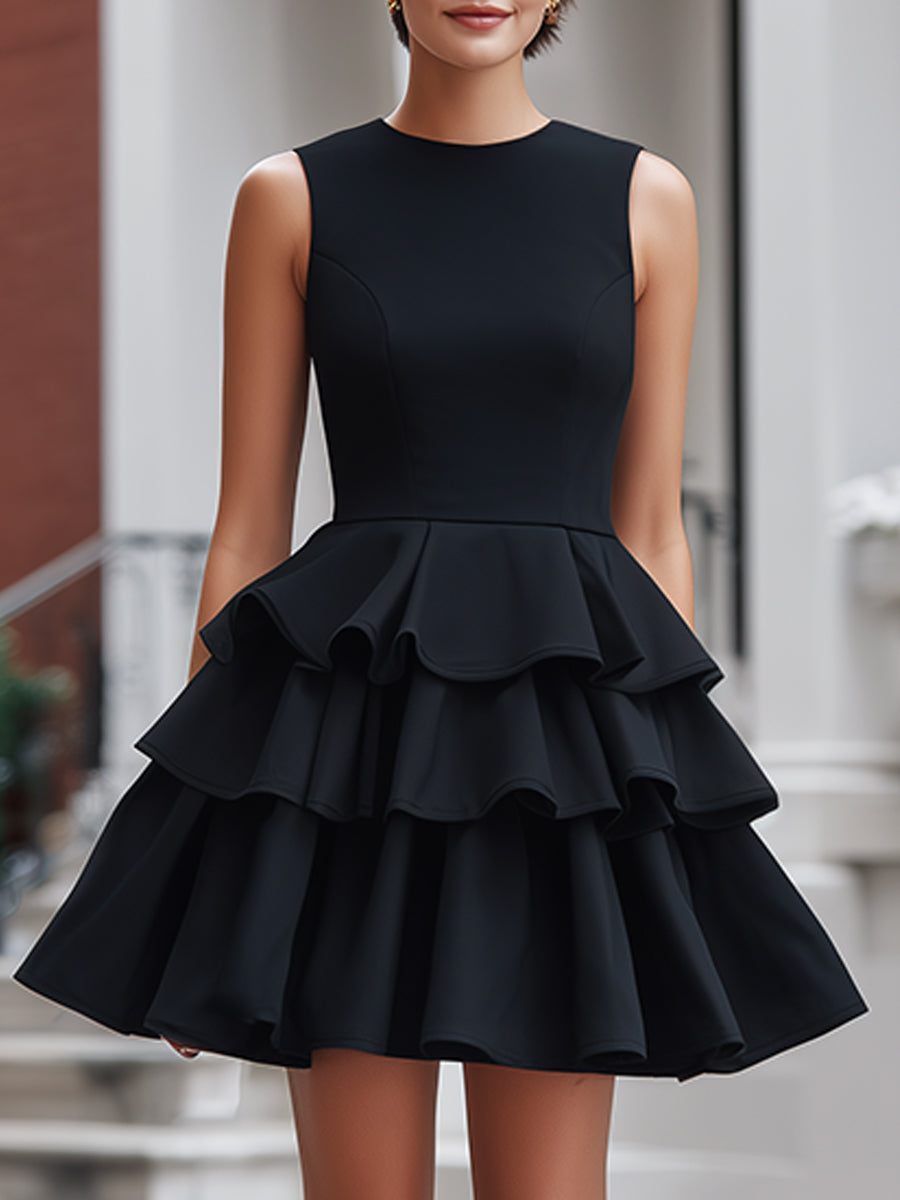 Tiered Ruffle Hem Sleeveless Structured Mini Dress