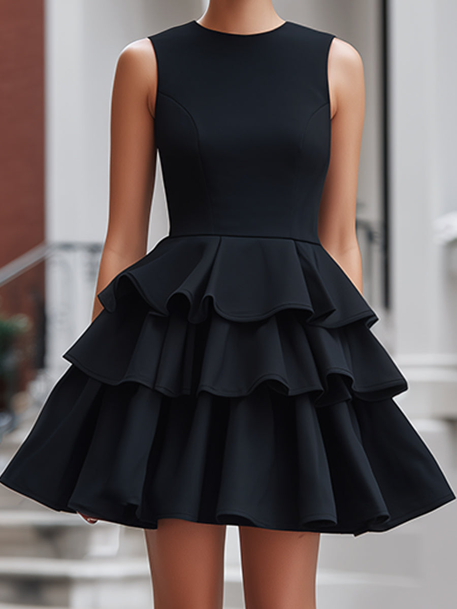 Tiered Ruffle Hem Sleeveless Structured Mini Dress
