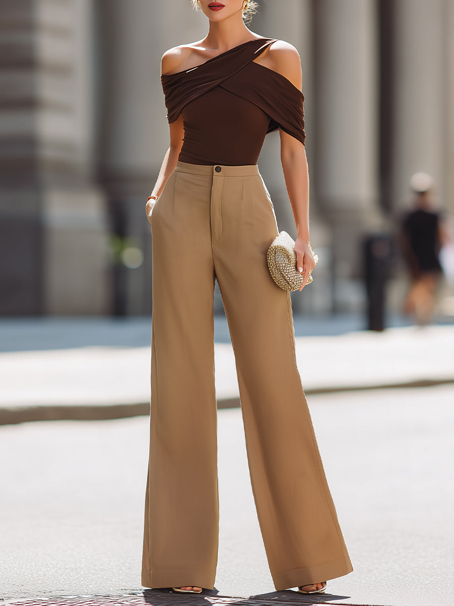 Dalviora™ | Ensemble aus asymmetrischem Drapé-Top mit freier Schulter und weitem, hoch tailliertem Hose