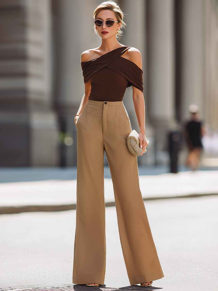 Dalviora™ | Ensemble aus asymmetrischem Drapé-Top mit freier Schulter und weitem, hoch tailliertem Hose