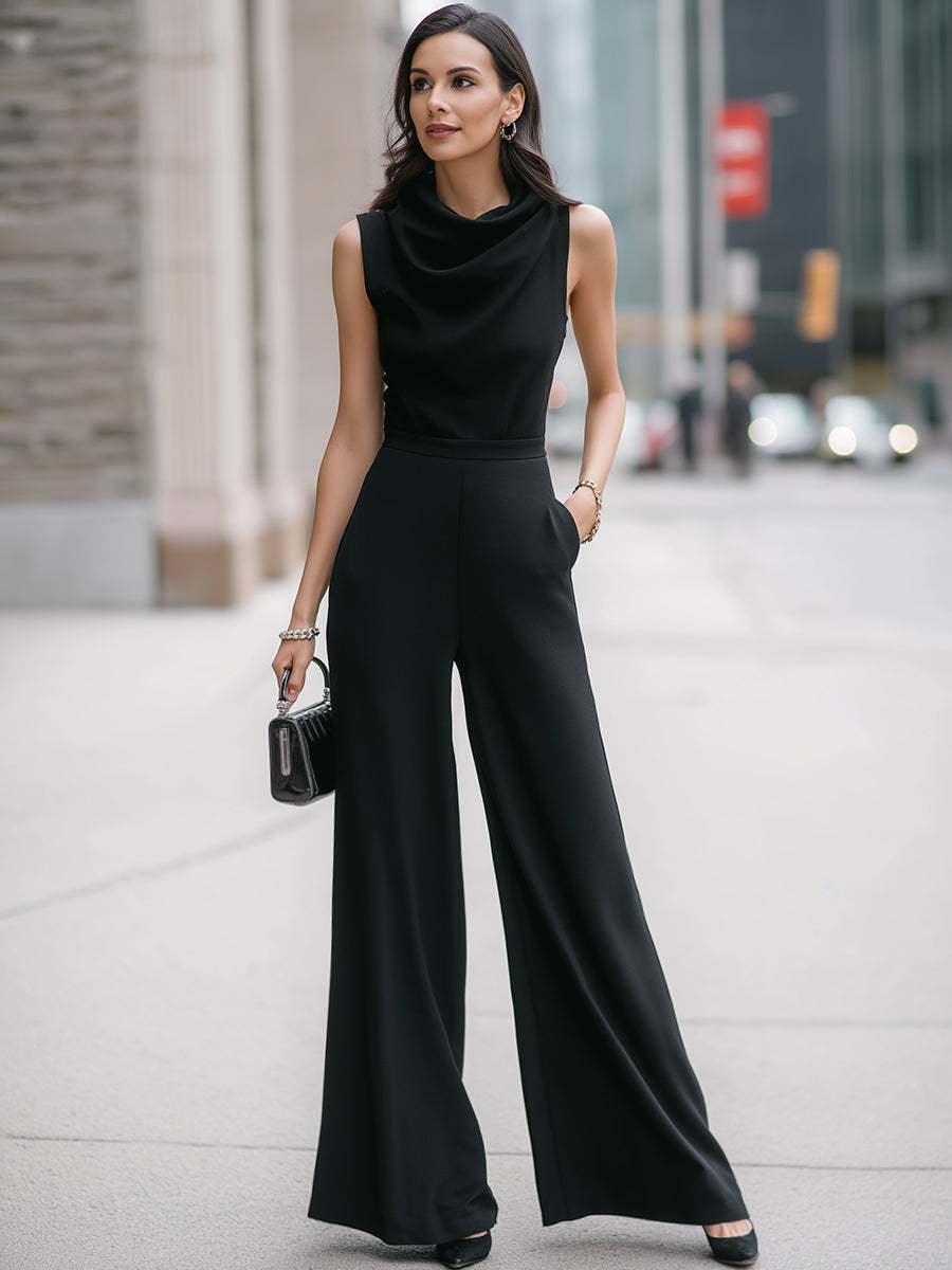 Sleeveless Cowl-Neck Top & Wide-Leg Pants Two-Piece Set