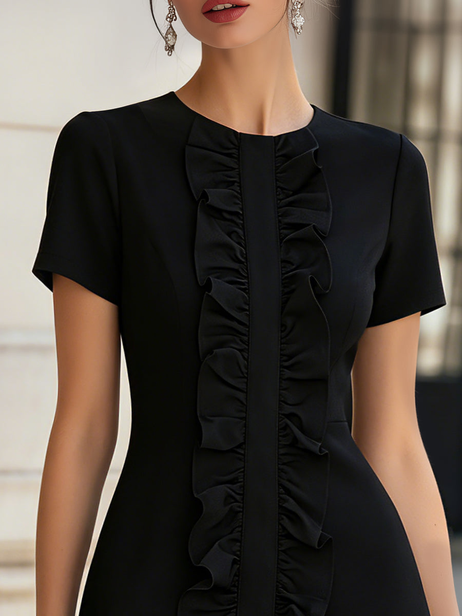 Ruffled Front Short-Sleeve Structured Mini Dress