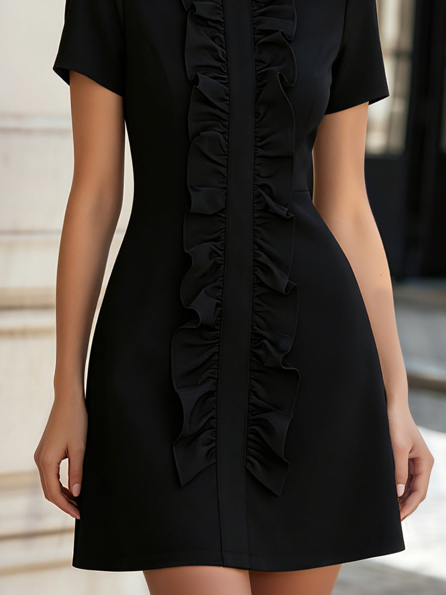 Ruffled Front Short-Sleeve Structured Mini Dress