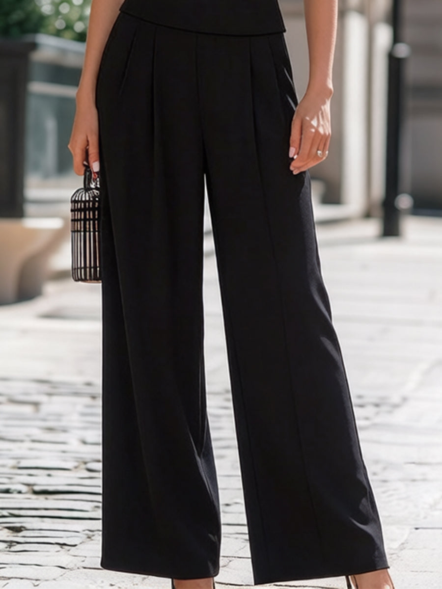 Off-the-Shoulder Mesh-Top & High-Waisted Wide-Leg Pants Two-Piece Set
