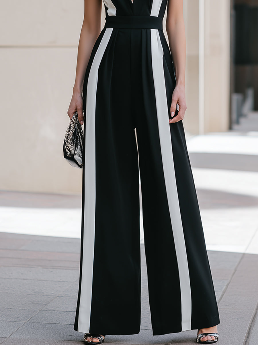 Deep V Contrast Panel Sleeveless Wide-Leg Jumpsuit