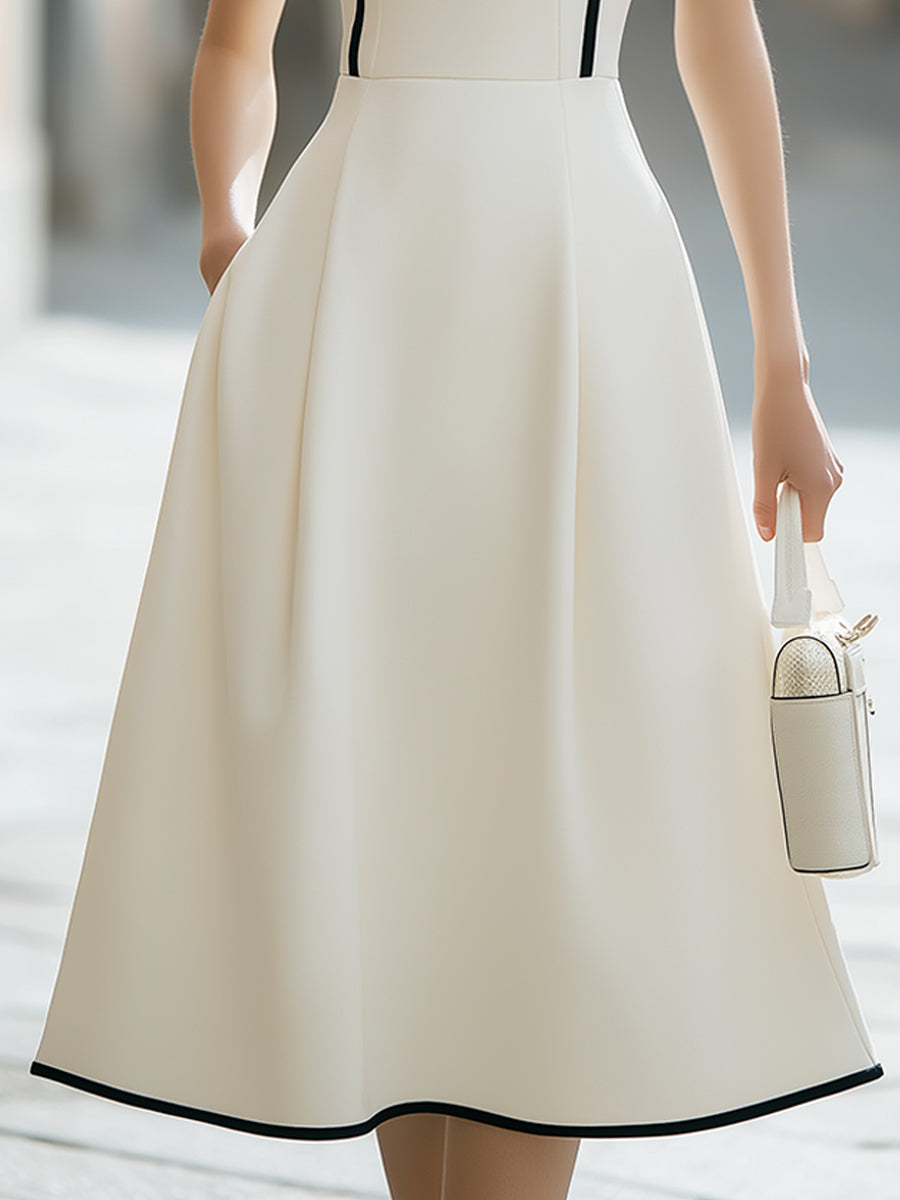 Contrast Piping Sleeveless Structured A-Line Midi Dress