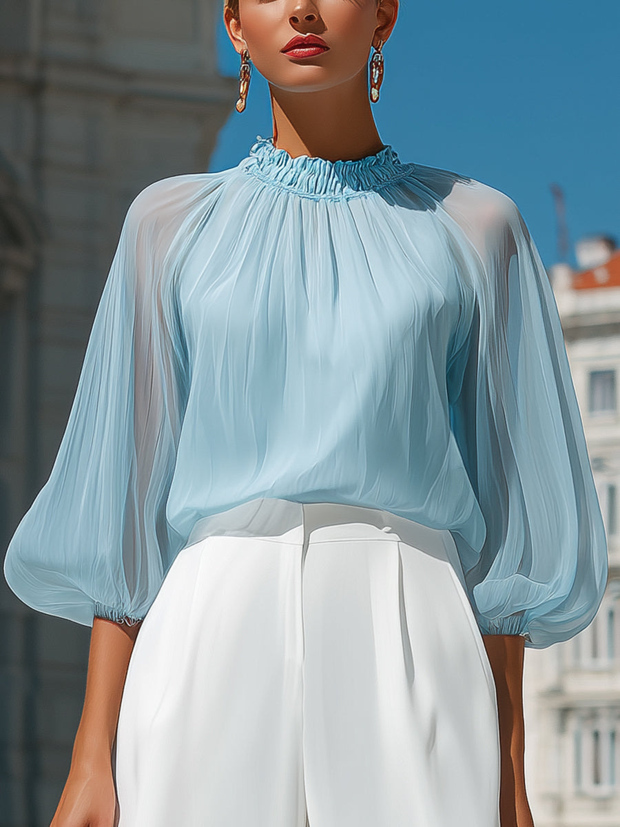 Dalviora™ | Blouse Transparente À Plis Col Haut Manches Bouffantes