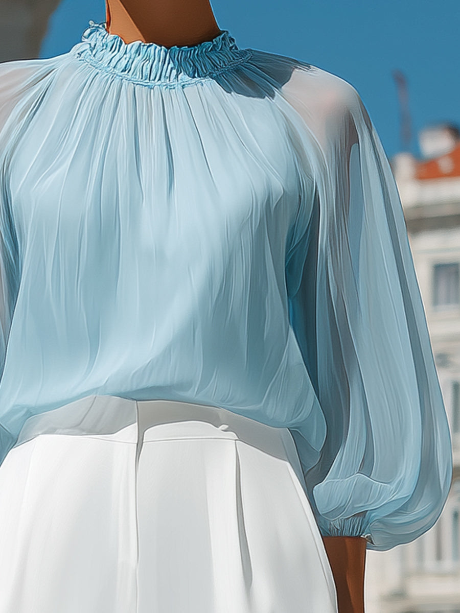 Dalviora™ | Blouse Transparente À Plis Col Haut Manches Bouffantes
