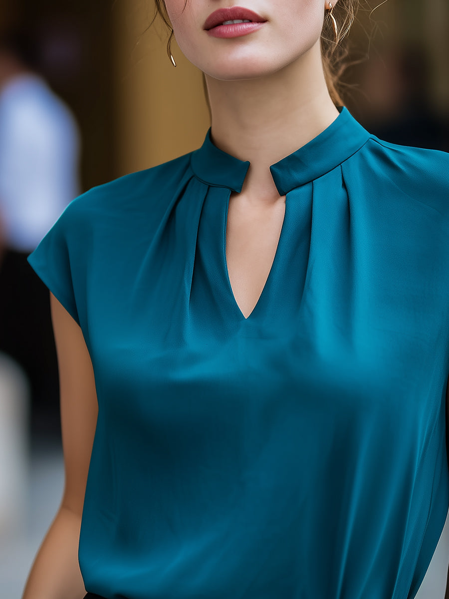 Teal Keyhole Neckline Cap-Sleeve Blouse