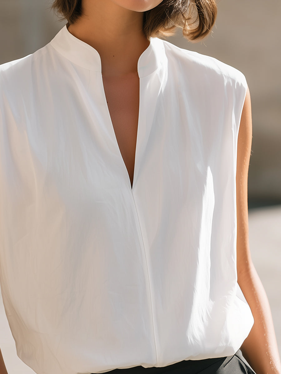 White Stand Collar V-Neck Sleeveless Blouse
