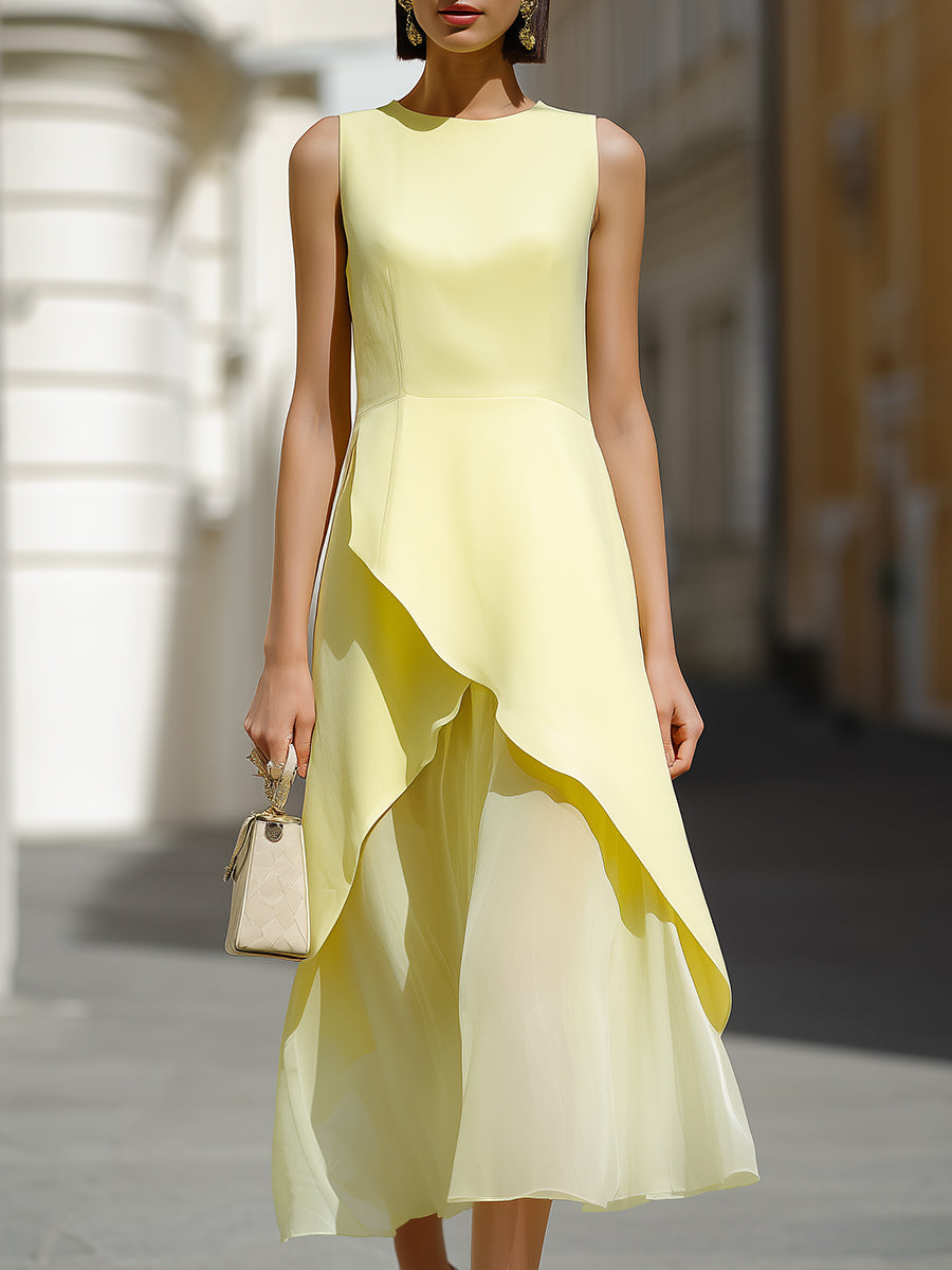 Asymmetrisches ärmelloses Midikleid mit gestuftem Volant-Saum