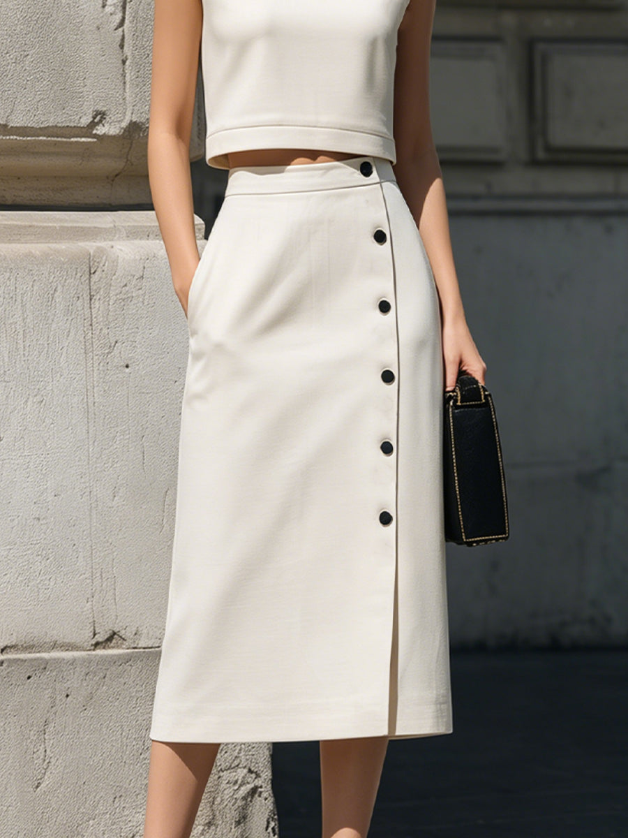 High-Neck Sleeveless Crop Top & Button-Front Midi Skirt Two-Piece Set