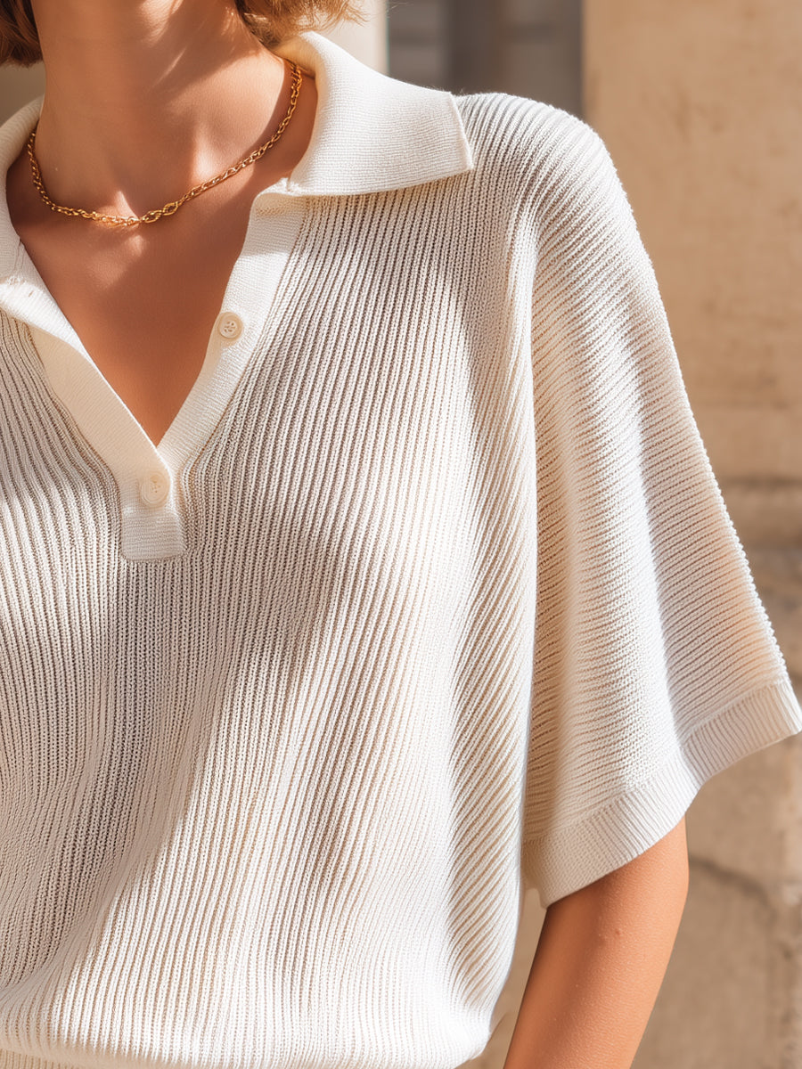 Ribbed Knit Polo Collar Short Sleeve Top With Relaxed Silhouette