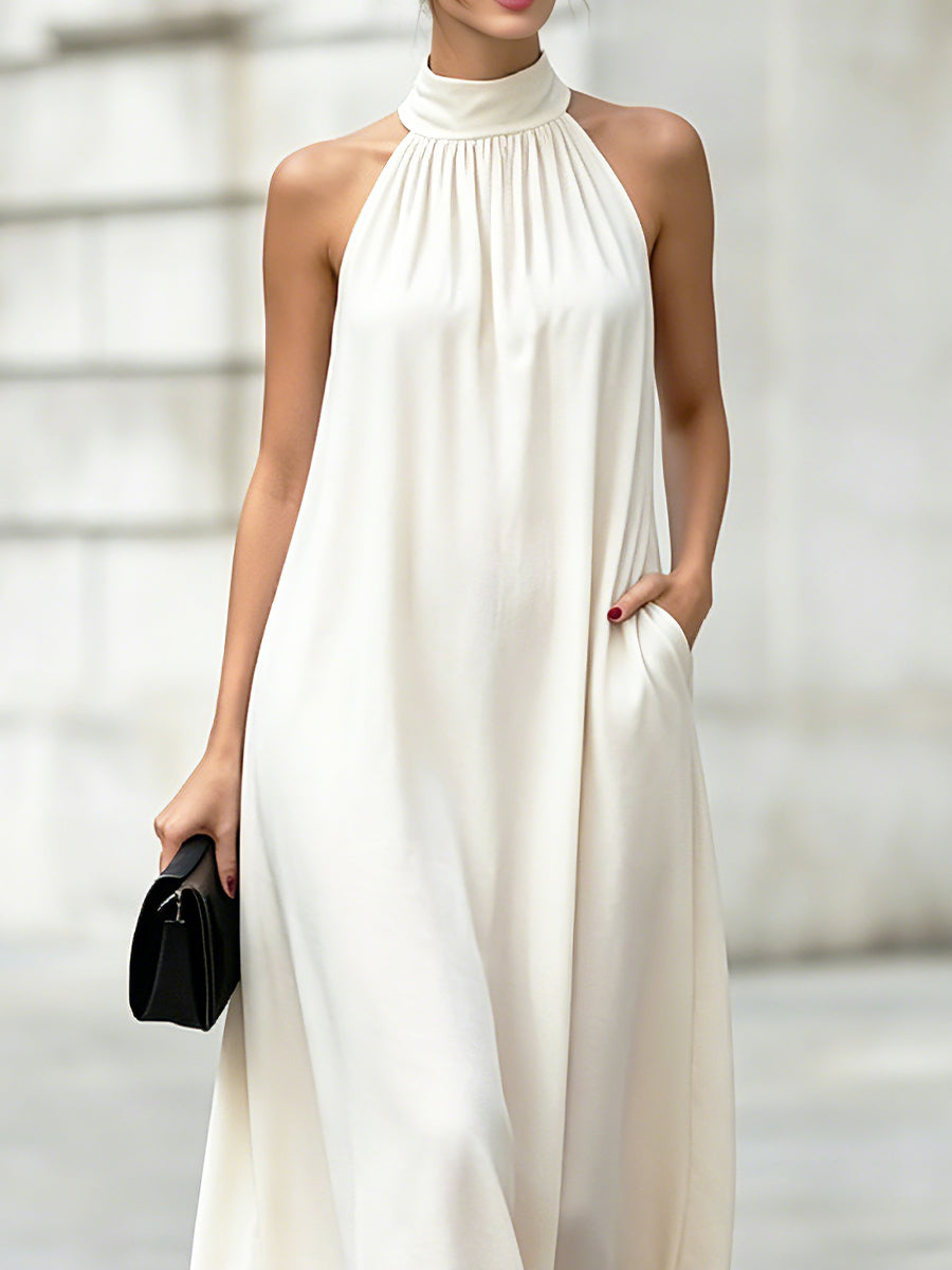 Halter-Neck Sleeveless Gathered Maxi Dress