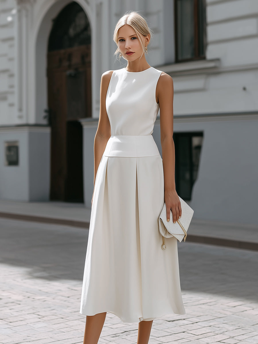Sleeveless Round Neck Midi Dress With Structured Waistband And Pleated Skirt