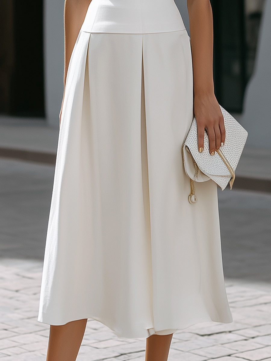 Sleeveless Round Neck Midi Dress With Structured Waistband And Pleated Skirt