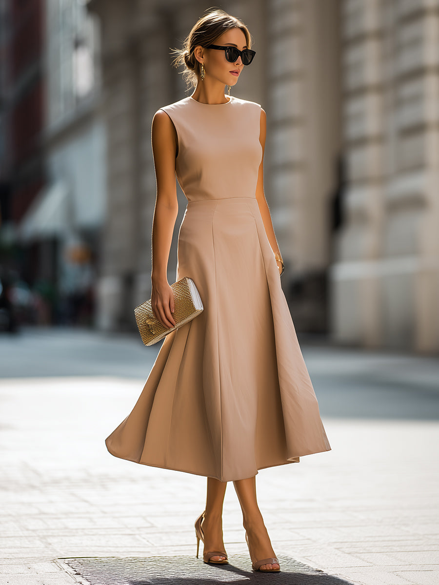 Sleeveless Round Neck A-Line Midi Dress With Sculpted Panel Construction