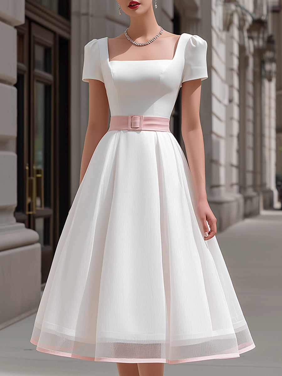 Square Neck Puff Sleeve A-Line Midi Dress With Waist Belt