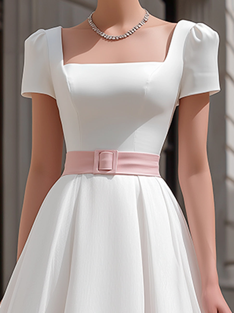 Square Neck Puff Sleeve A-Line Midi Dress With Waist Belt
