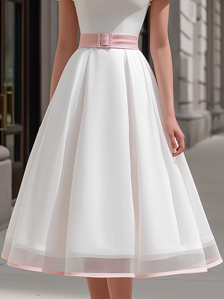 Square Neck Puff Sleeve A-Line Midi Dress With Waist Belt
