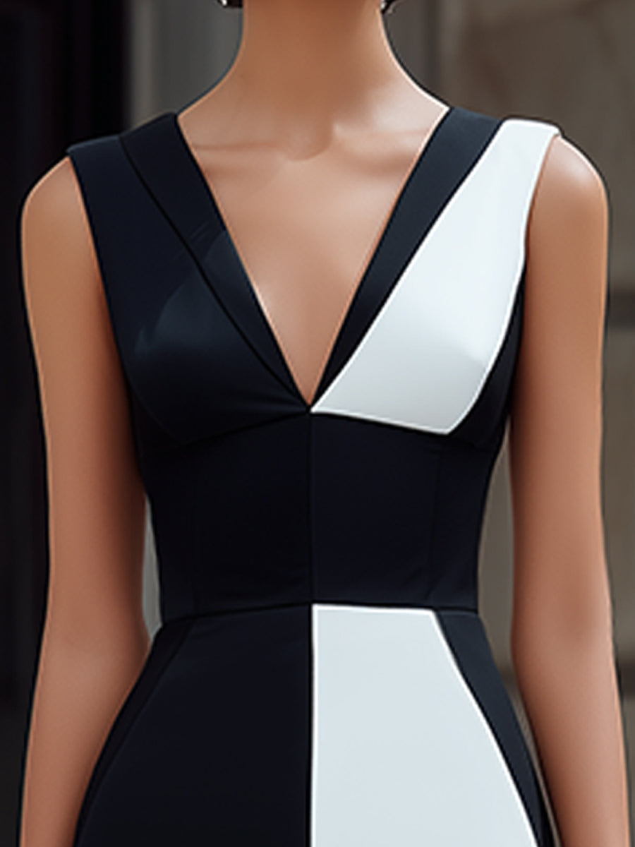 Colorblock V-Neck Sleeveless Pencil Midi Dress