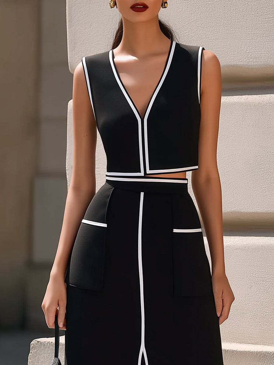 Sleeveless Trim Cropped Top And Midi Skirt Two-Piece Set