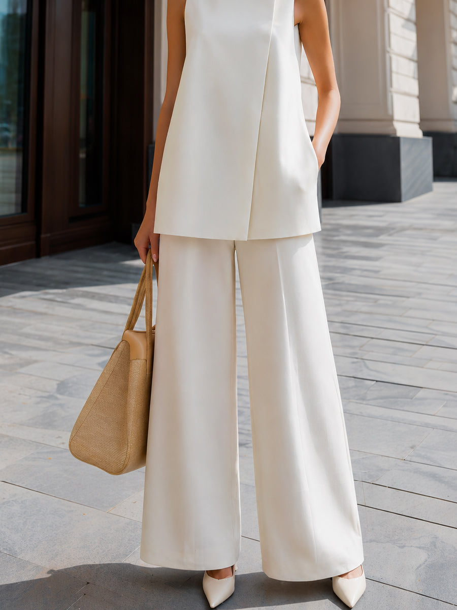 High-Neck Sleeveless Top And Wide-Leg Pants Two-Piece Set