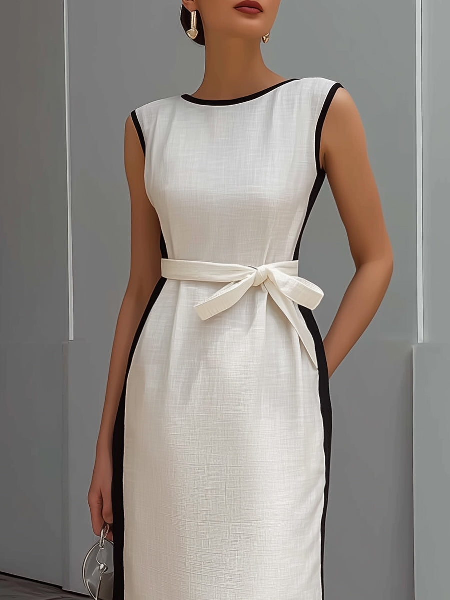 Sleeveless Maxi Dress with Contrast Trim and Belted Linen Blend