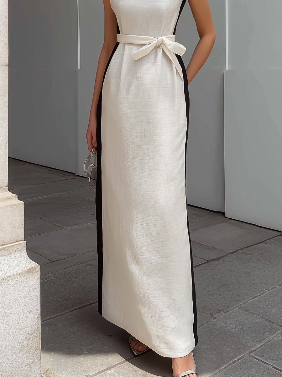 Sleeveless Maxi Dress with Contrast Trim and Belted Linen Blend