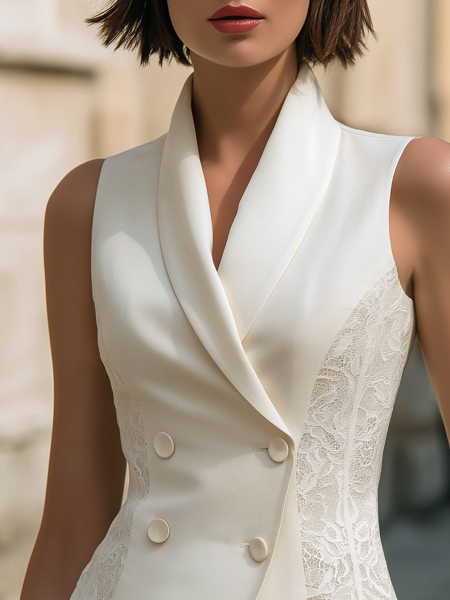 Sleeveless Double-Breasted Lace Panel Tailored Vest