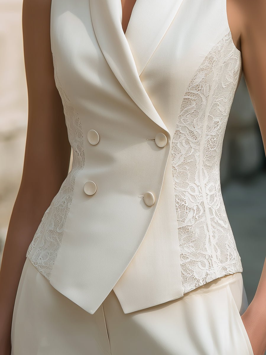 Sleeveless Double-Breasted Lace Panel Tailored Vest