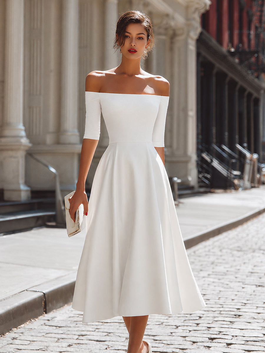 Off-Shoulder Fitted Bodice A-Line Midi Dress